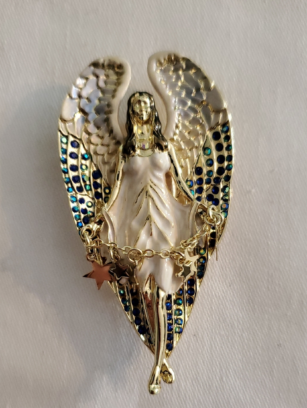 Kirks Folly Gold-Tone Angel Brooch with White Enamel and Blue Rhinestones